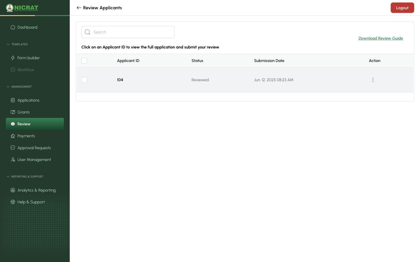 Review Applicants page with Download Review Guide and the applicant table visible