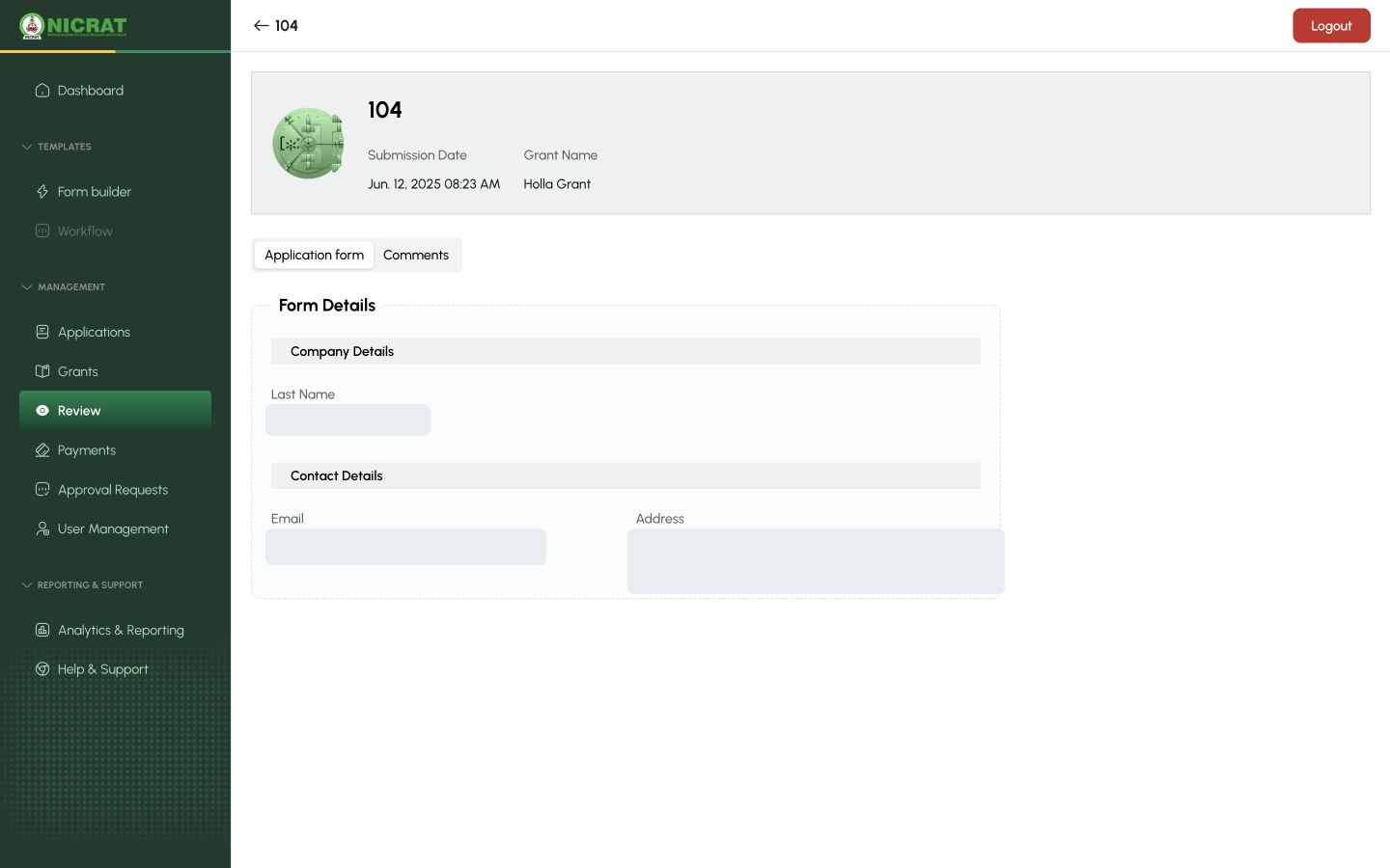 Applicant detail page showing the Application form and Comments tabs with submission context