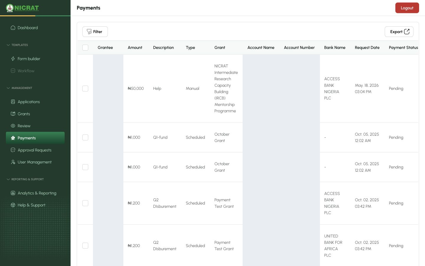 Filtered payment record showing grant, amount, type and request date with account details redacted