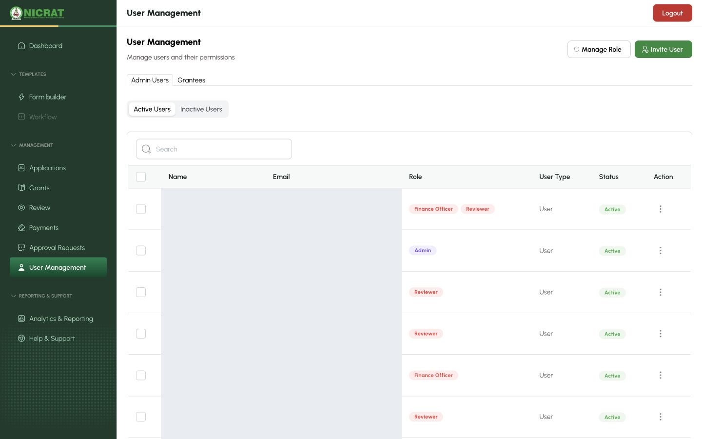 Administrator navigation with User Management selected and the user administration page visible