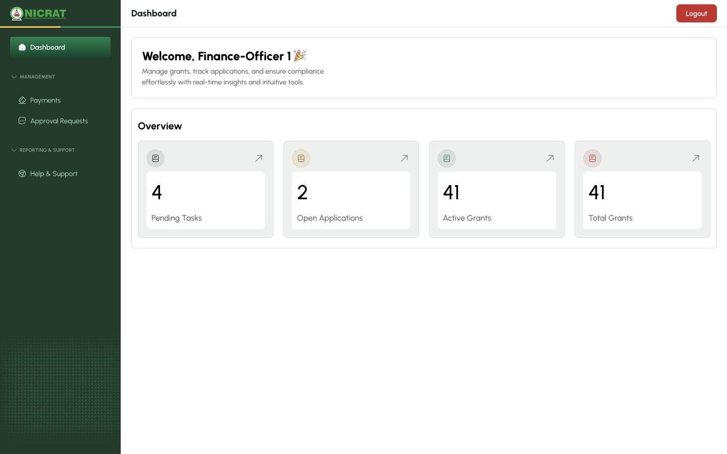 Finance Officer dashboard with Payments and Approval Requests in the navigation