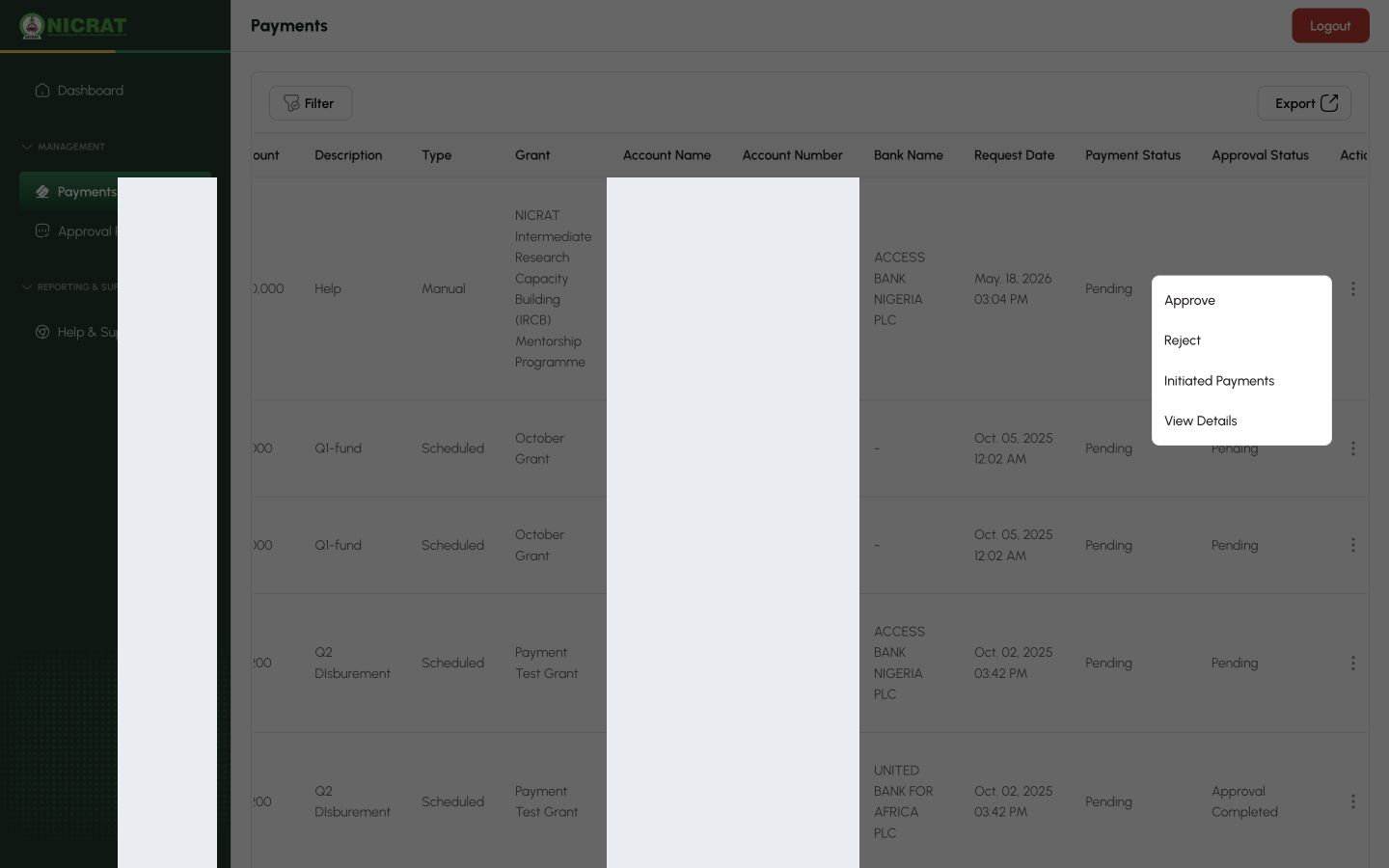 Finance payment action menu showing approve, reject, initiate and view details options