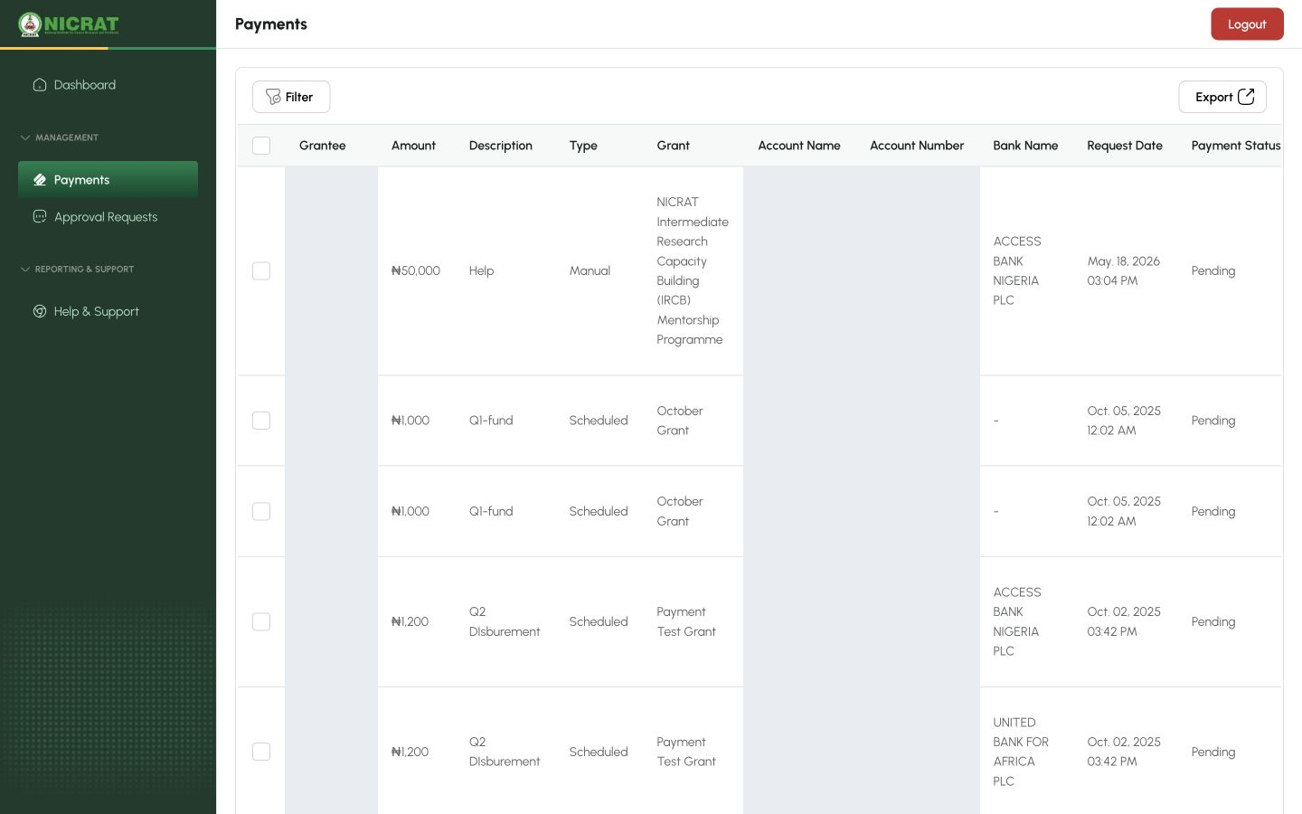 Finance payment register showing Filter and Export controls