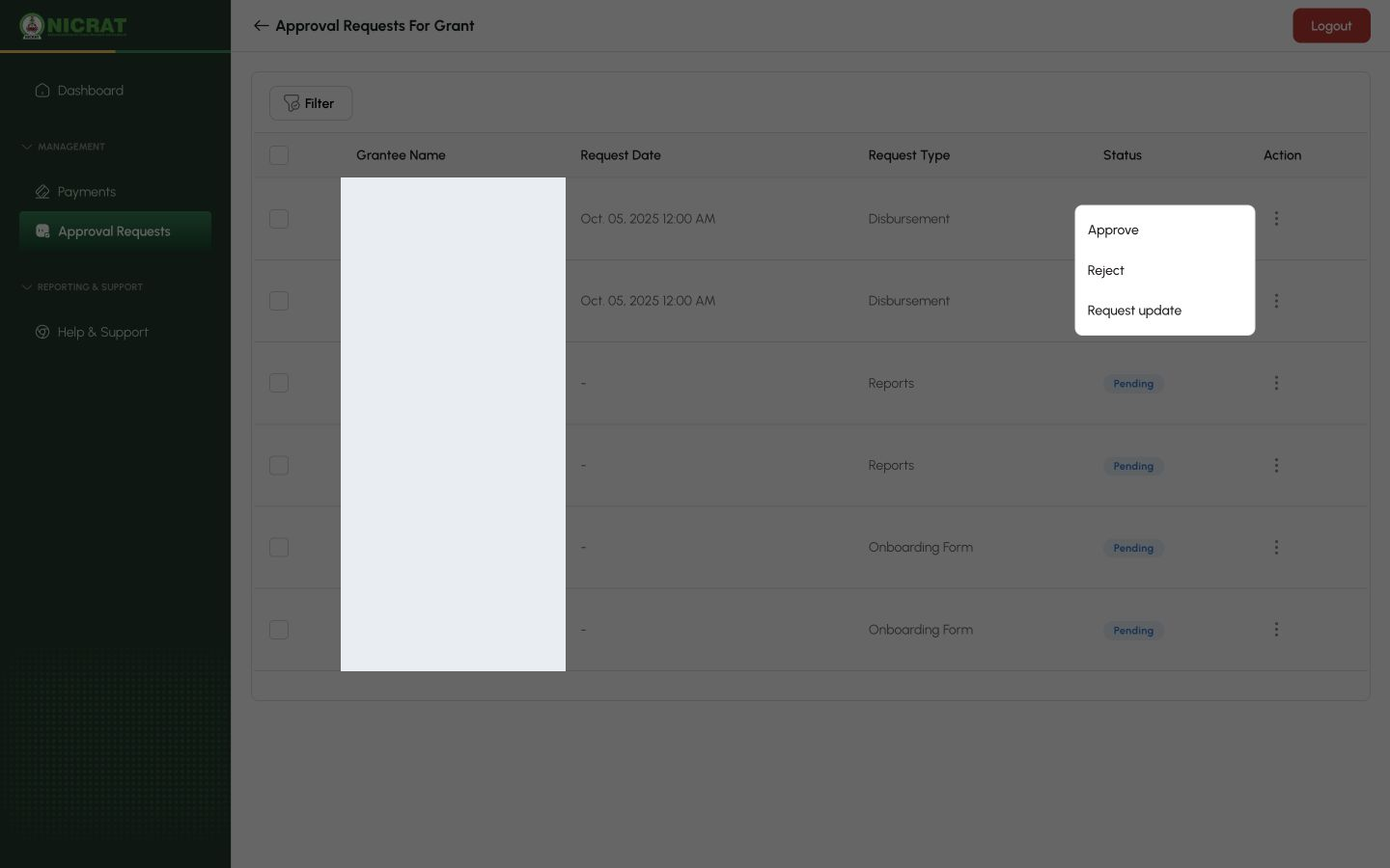 Approval request menu showing Approve, Reject and Request update
