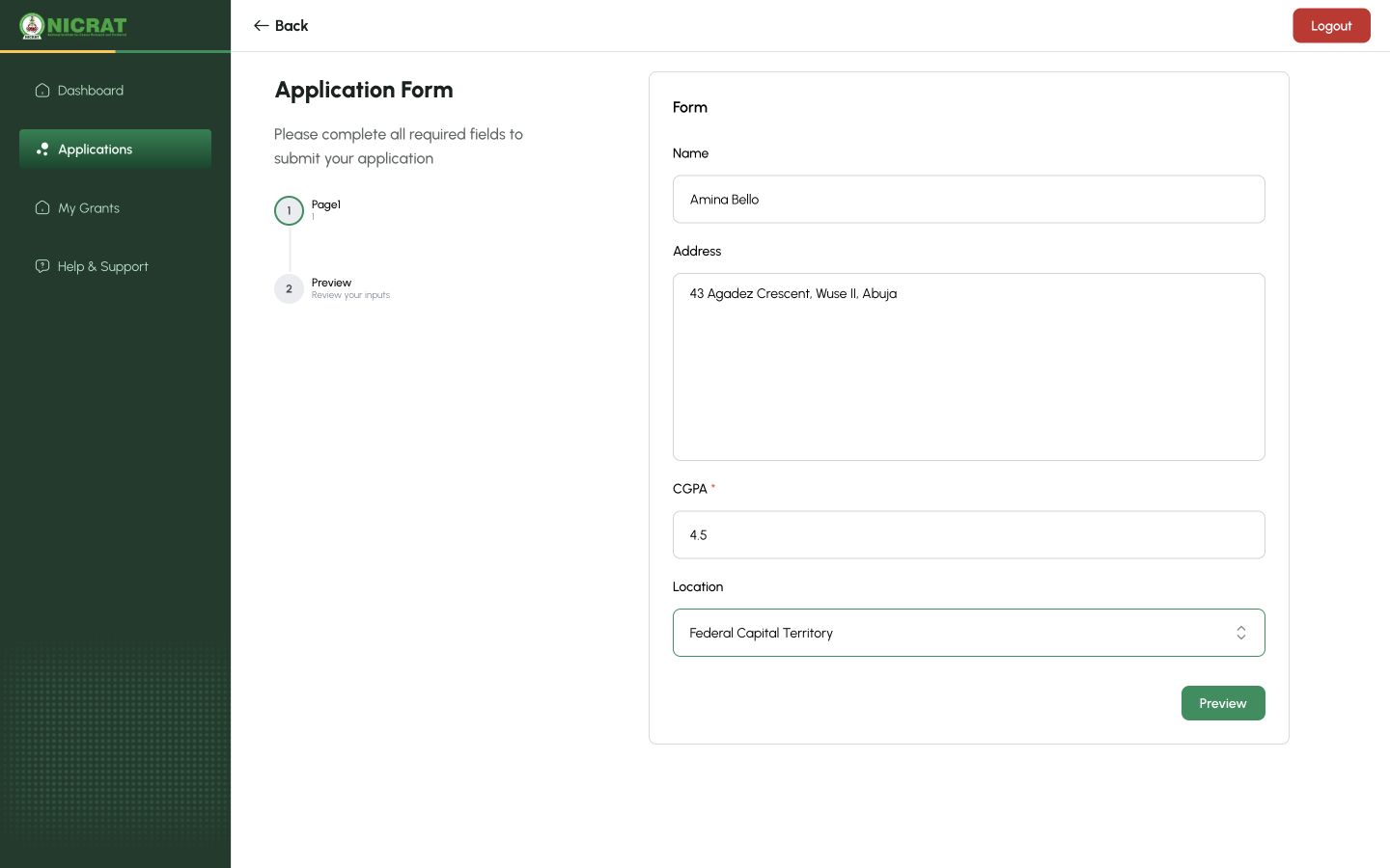 Populated Grantee application form ready for preview