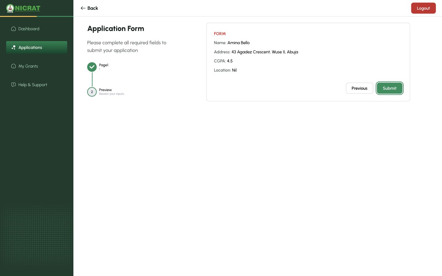 Application preview showing entered answers and Previous and Submit controls