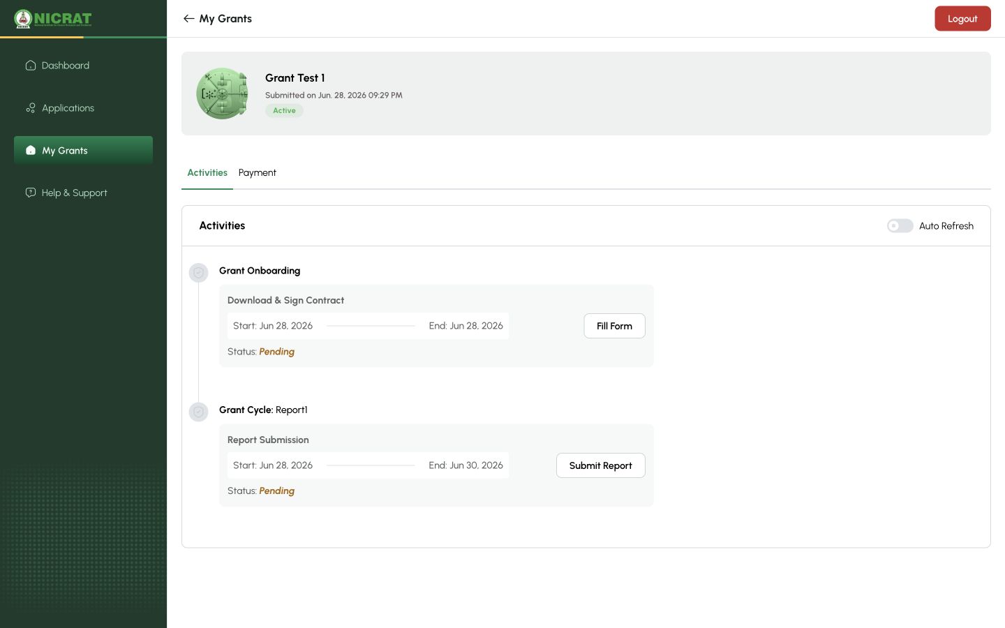 Grant activities page with the onboarding Fill Form action