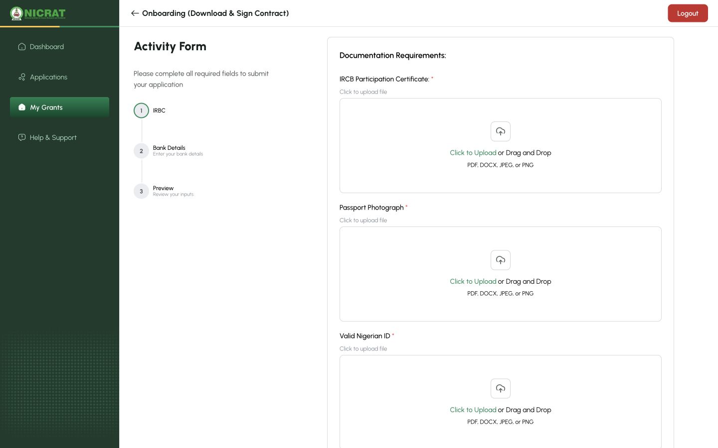 Onboarding workflow showing IRBC, Bank Details and Preview steps