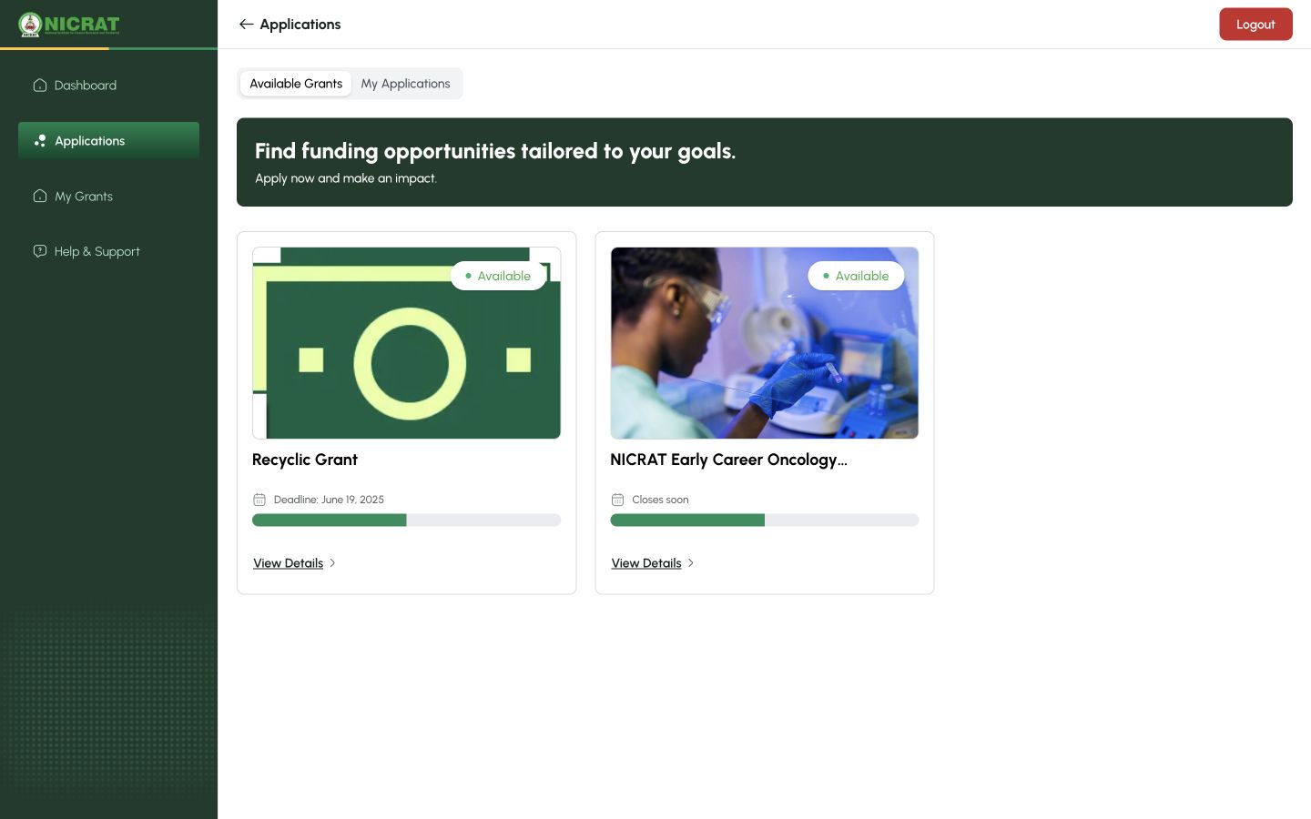Authenticated Grantee Applications page with available grant cards