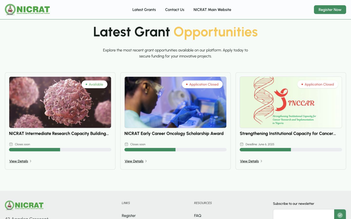Latest Grant Opportunities showing available and closed NICRAT grants with deadlines