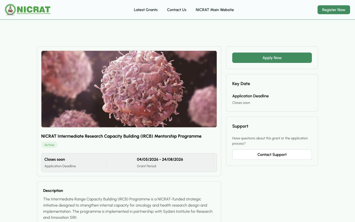 NICRAT grant details page with the application status, grant period and Apply Now button