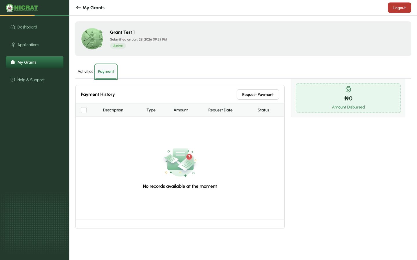 Grantee Payment tab showing payment history and the Request Payment control