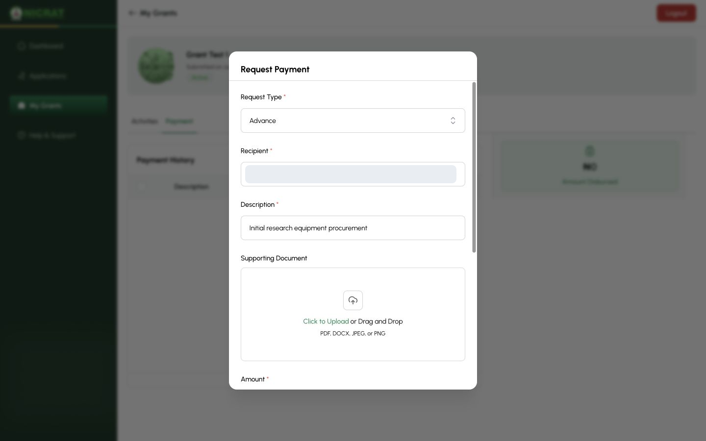 Request Payment form used to select a beneficiary account and submit the request