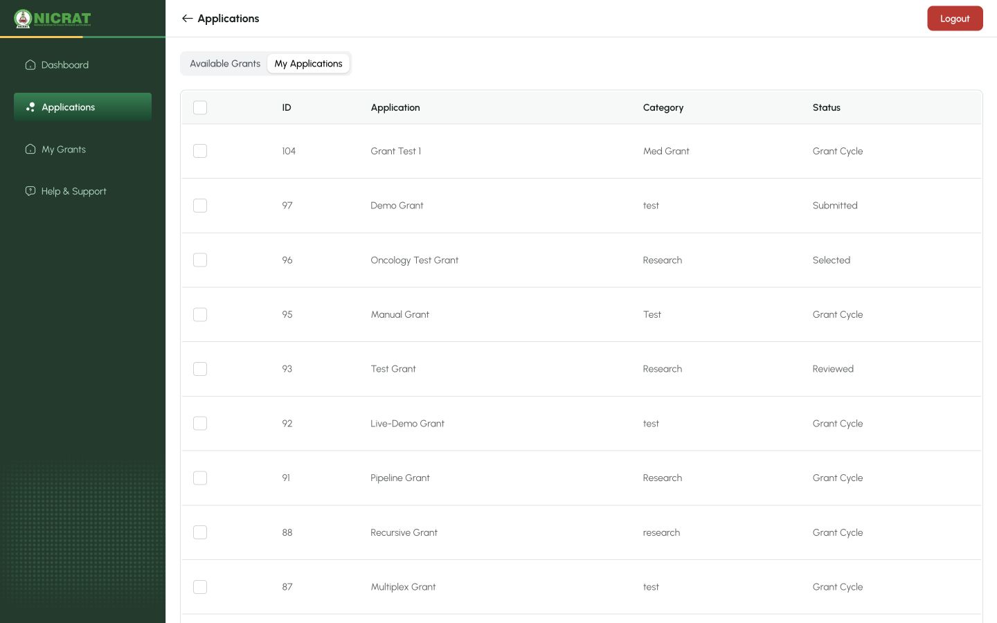 My Applications table with status and pagination controls