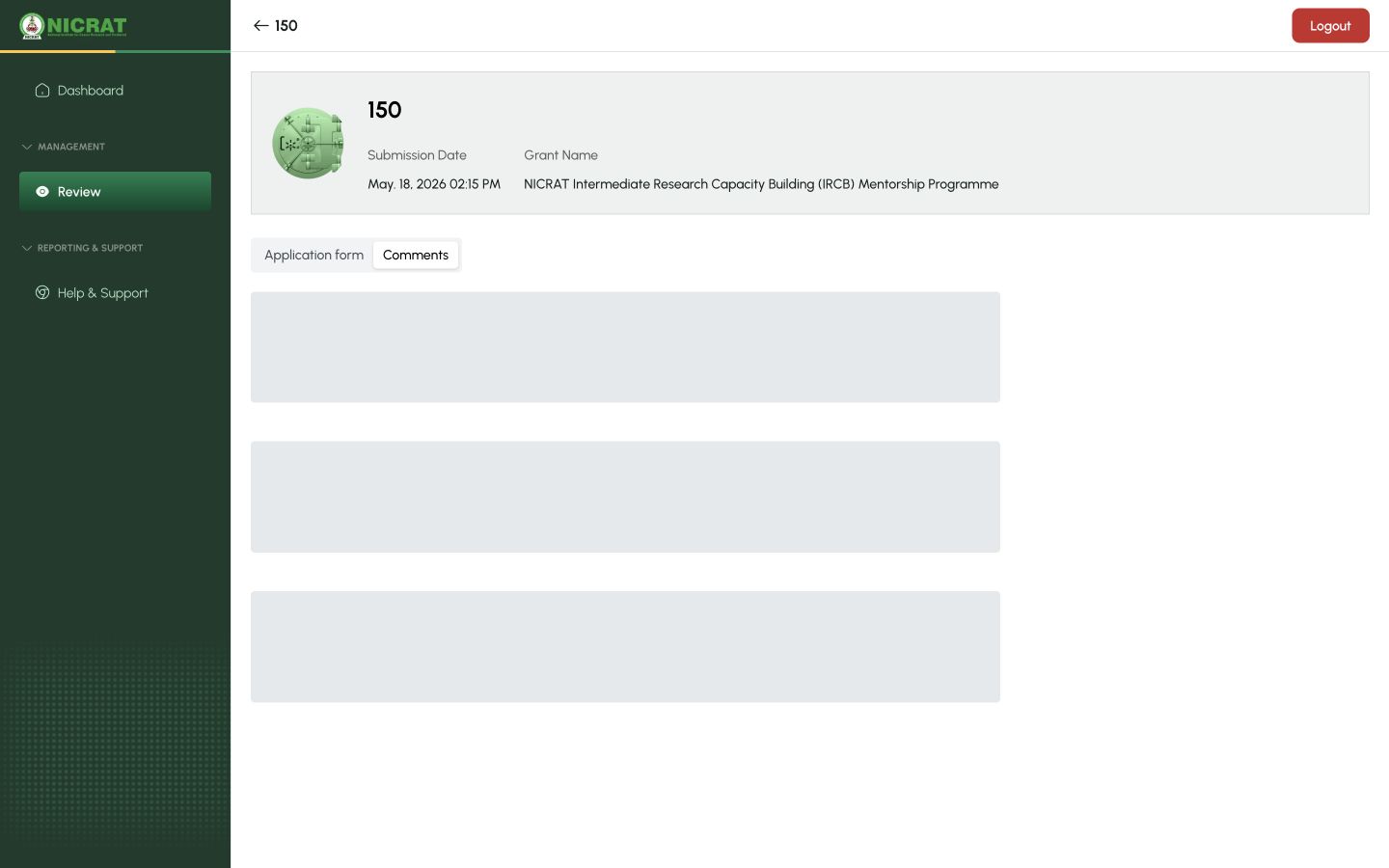 Applicant Comments tab showing that no comments have been recorded